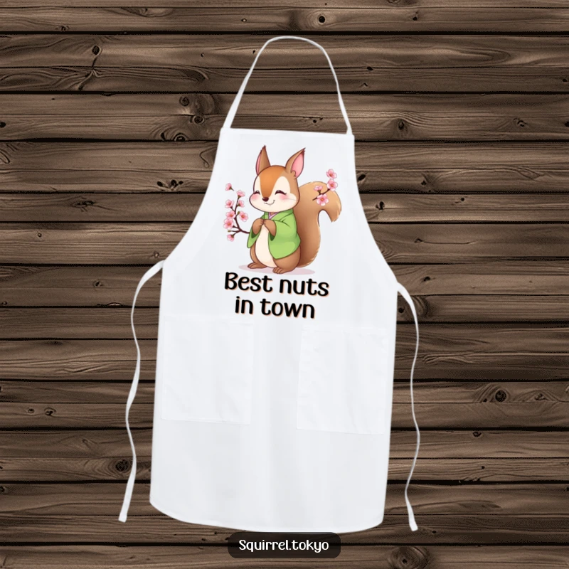 Funny apron showing a smiling squirrel in a green kimono bowing gracefully while ready to cook, blending humor and kitchen practicality.