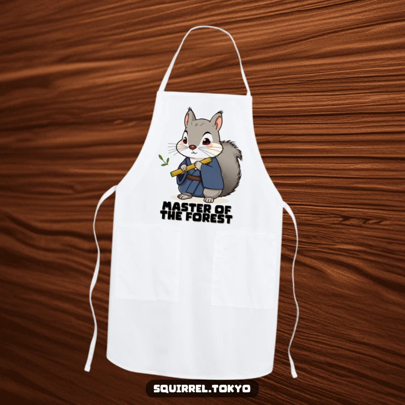 Funny stoic grey squirrel in a dark blue kimono playing a bamboo flute on a kitchen apron, combining practicality with humor.