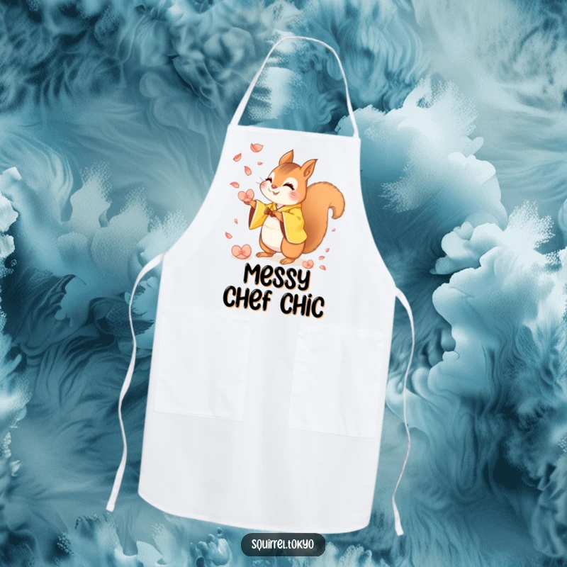 Funny apron showing a mischievous squirrel in a yellow kimono playfully catching falling petals, perfect for a humorous cooking experience.