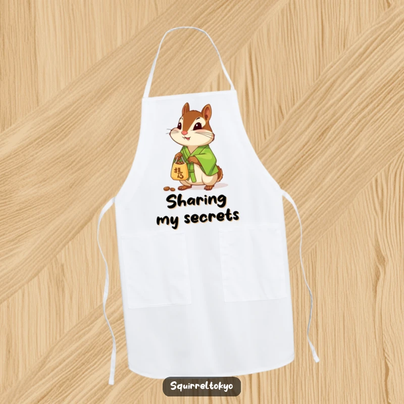 Funny apron showing a curious chipmunk in a green silk kimono, offering a small bag of nuts, adding whimsy to cooking.