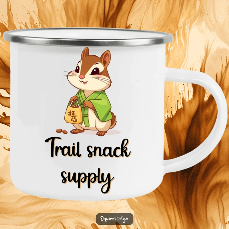 Funny camping mug featuring a curious chipmunk in a green silk kimono, offering a small bag of nuts, for enjoying drinks outdoors.