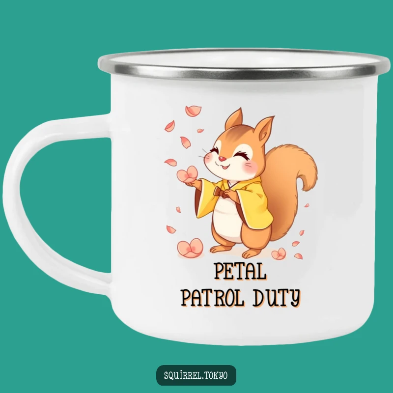 Funny Squirrel Kimono Camping Mug: Adventure Squirrel Catching Petals, Fun Funny Gift
