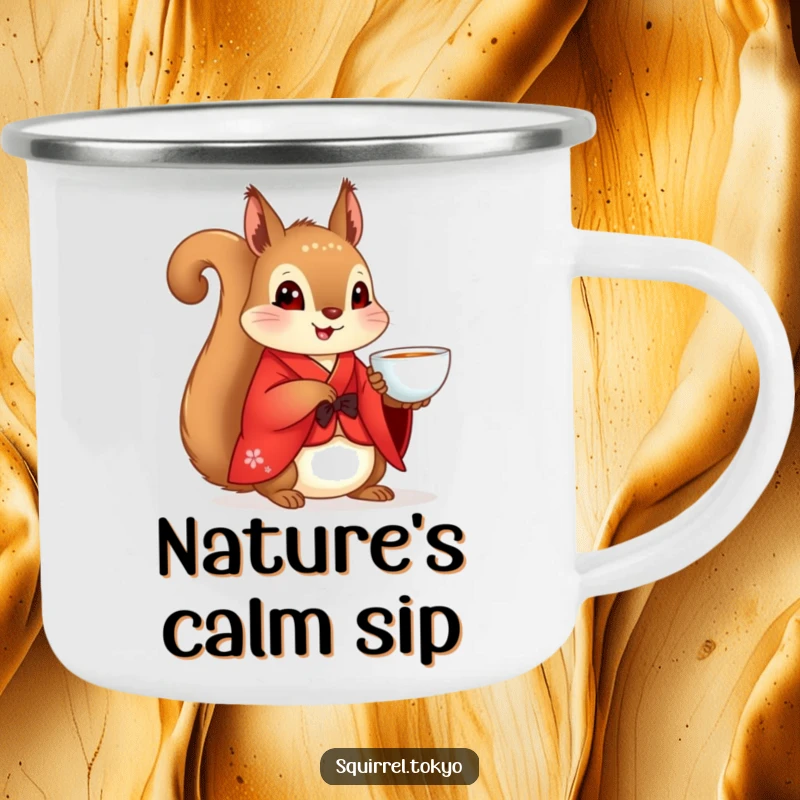 Funny Squirrel Kimono Camping Mug: A squirrel in a red kimono with a teacup, ready for peaceful adventures, a funny gift.