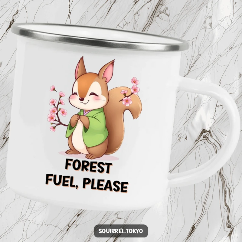 Funny camping mug showing a smiling squirrel in a green kimono bowing gracefully, perfect for outdoor humor and warm drinks.