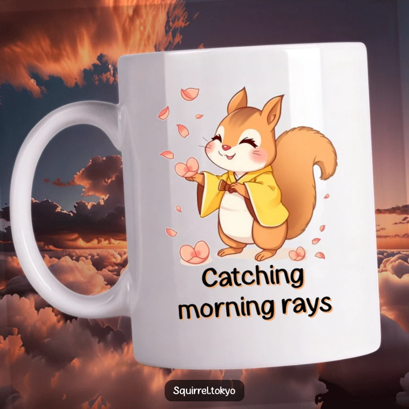 Funny mug showing a mischievous squirrel in a yellow kimono playfully catching falling petals, radiating cheeky charm and humorous delight.