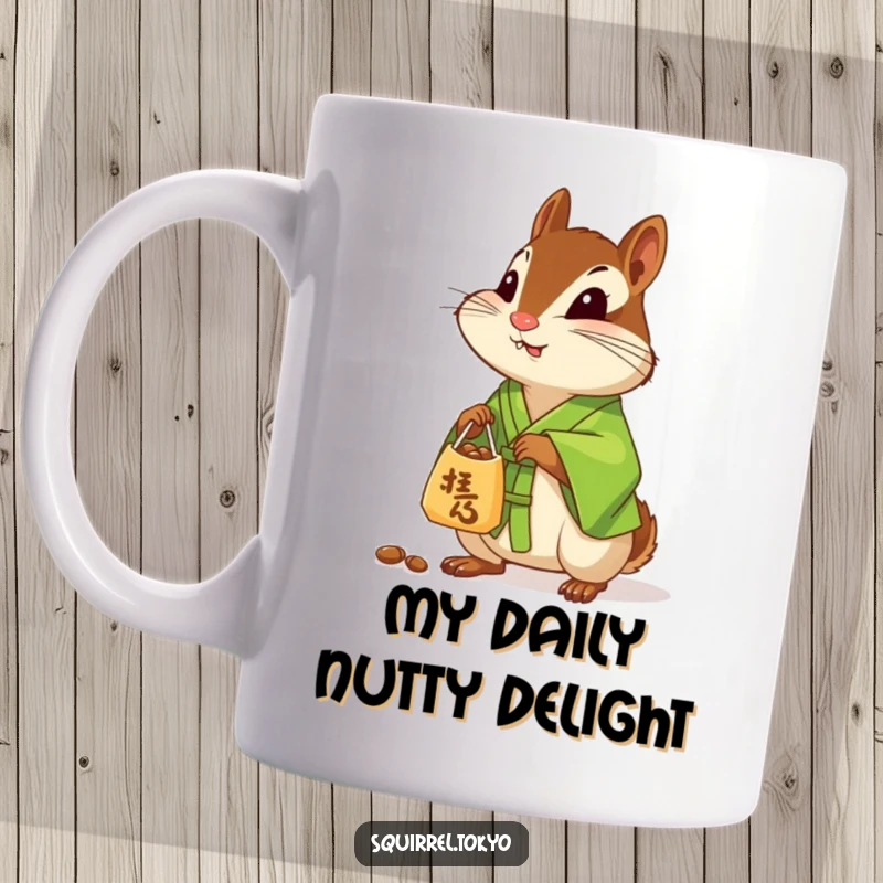 Funny mug featuring a curious chipmunk in a green silk kimono, kindly offering a small bag of nuts.