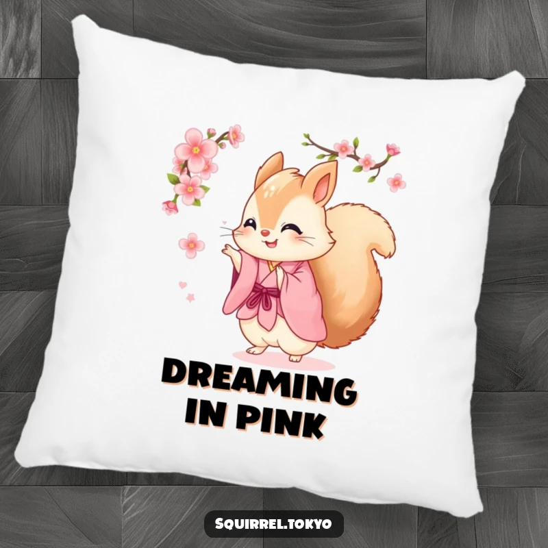 Funny pillow featuring a fluffy squirrel in a pink kimono joyfully spinning with a cherry blossom, adding soft cheer and humor.