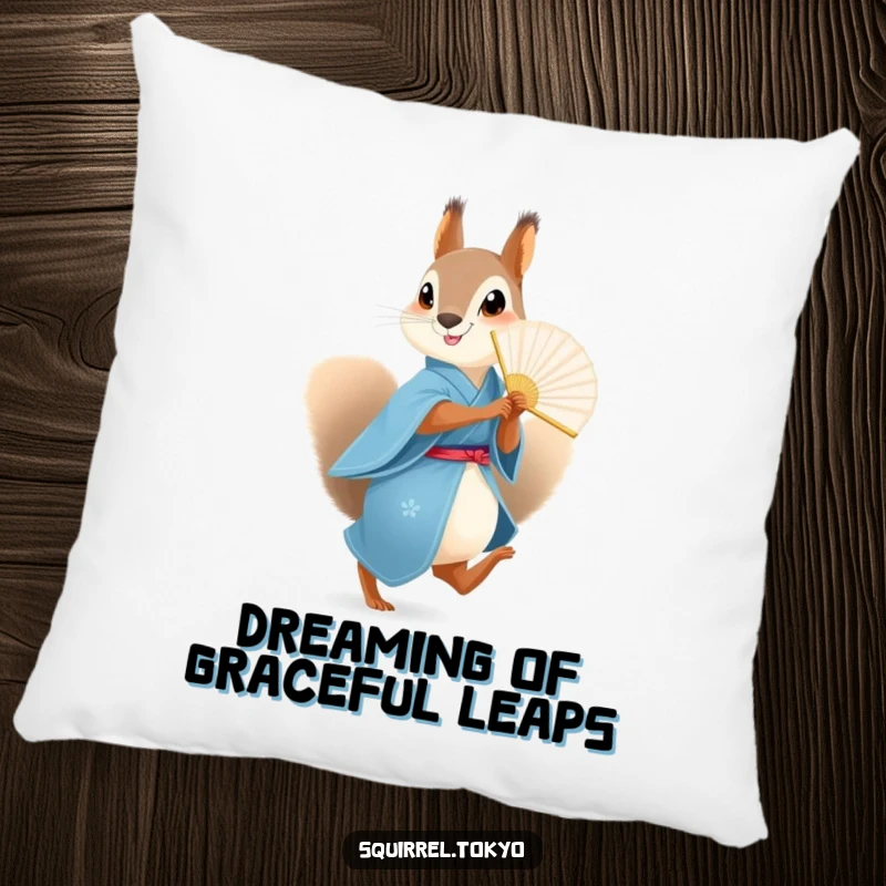 Funny Squirrel Fan Pillow: A squirrel in a blue kimono with a fan, offering comfort and playfulness, an excellent funny gift.