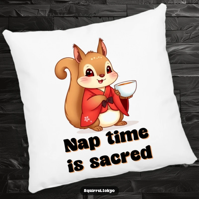 Funny Squirrel Kimono Pillow: A squirrel in a red kimono holding a teacup, offering comfort and peace, an excellent funny gift.