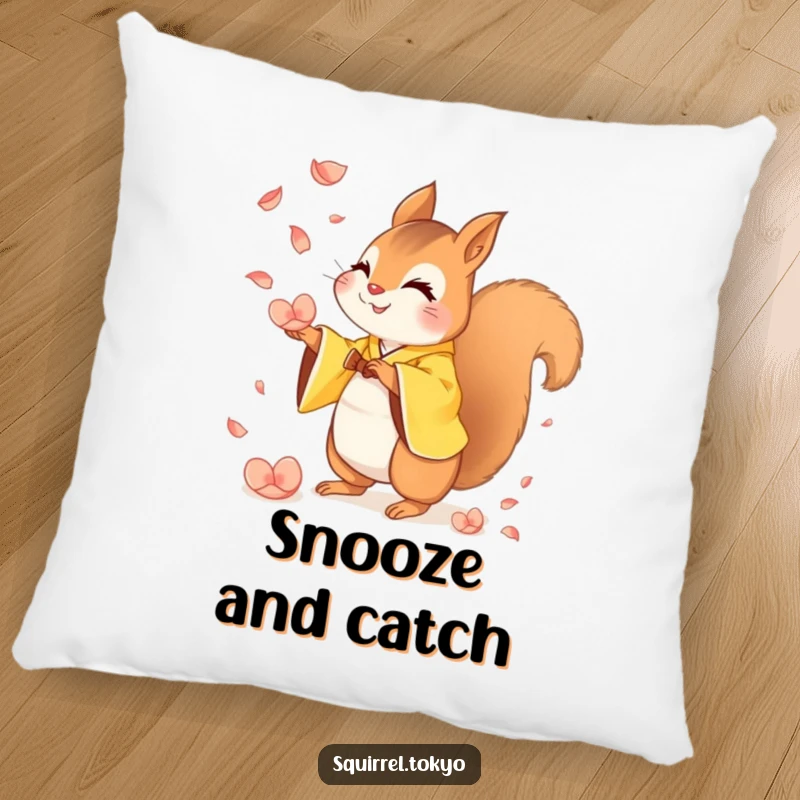 Funny pillow featuring a mischievous squirrel in a yellow kimono catching falling petals, adding soft comfort and playful humor.