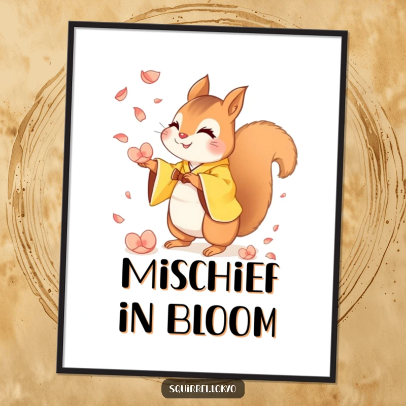 Funny digital art print of a mischievous squirrel in a yellow kimono catching falling petals, perfect for playful and humorous wall decor.