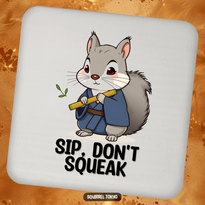 Funny stoic grey squirrel in a dark blue kimono holding a bamboo flute on a drink coaster, adding a humorous touch to any surface.