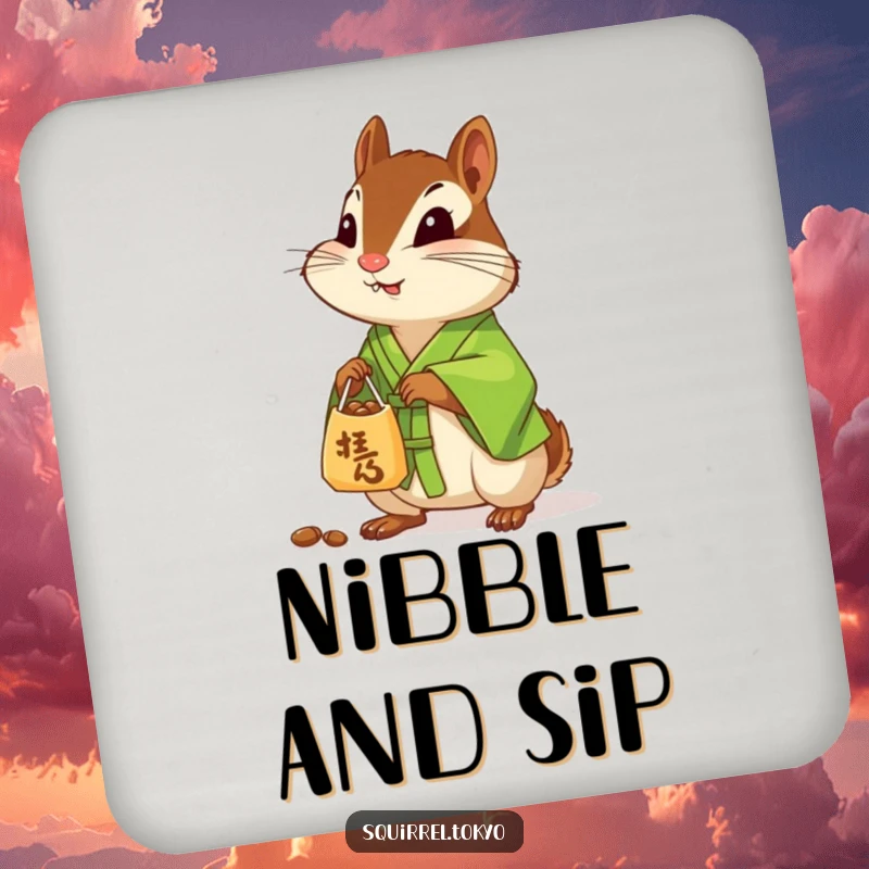 Funny drink coaster featuring a curious chipmunk in a green silk kimono, offering a small bag of nuts, adding whimsical charm.