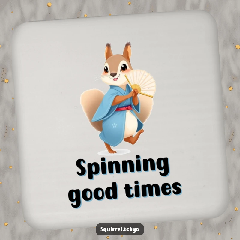 Funny Squirrel Fan Coaster: A squirrel in a blue kimono with a fan, bringing playfulness and protection, a funny gift.
