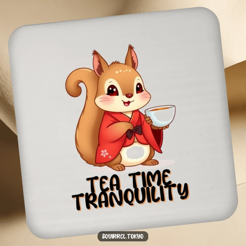 Funny Squirrel Kimono Coaster: A squirrel in a red kimono with a teacup, bringing peace and protection, a funny gift.