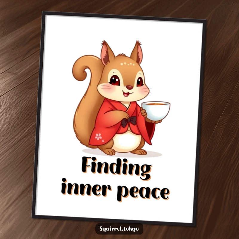 Funny Squirrel Kimono Poster: A squirrel in a red kimono holding a teacup, bringing peace to walls, a humorous funny gift.