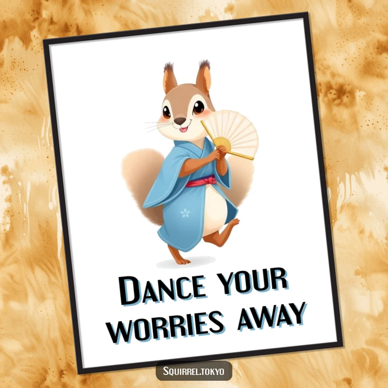 Funny Squirrel Fan Poster: A squirrel in a blue kimono skipping with a fan, bringing playful energy to walls, a funny gift.