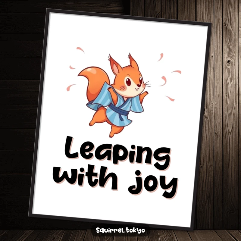 Funny poster showing a playful red squirrel in a blue striped kimono, leaping gracefully with colorful streamers, perfect for dynamic decor.