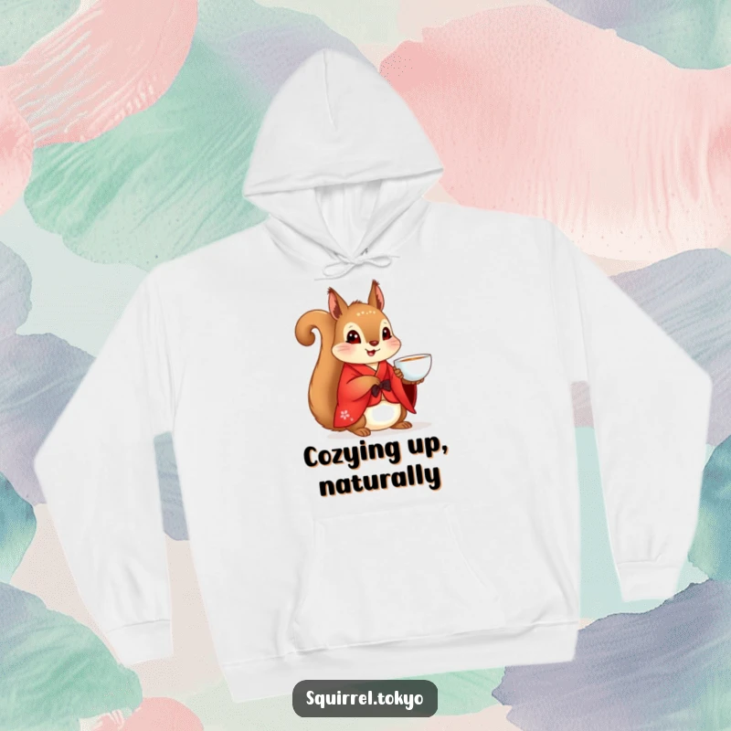 Funny Squirrel Kimono Hoodie: A cute squirrel in a red kimono holding a teacup, offering cozy peace, a perfect funny gift.