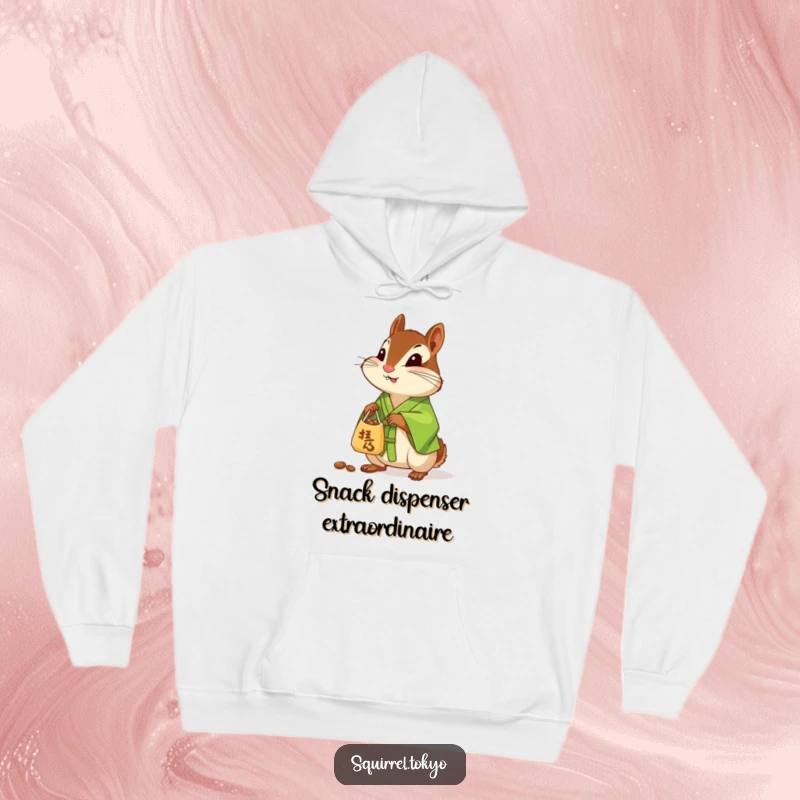 Funny hoodie depicting a curious chipmunk in a green silk kimono, offering a small bag of nuts, embodying cozy generosity.