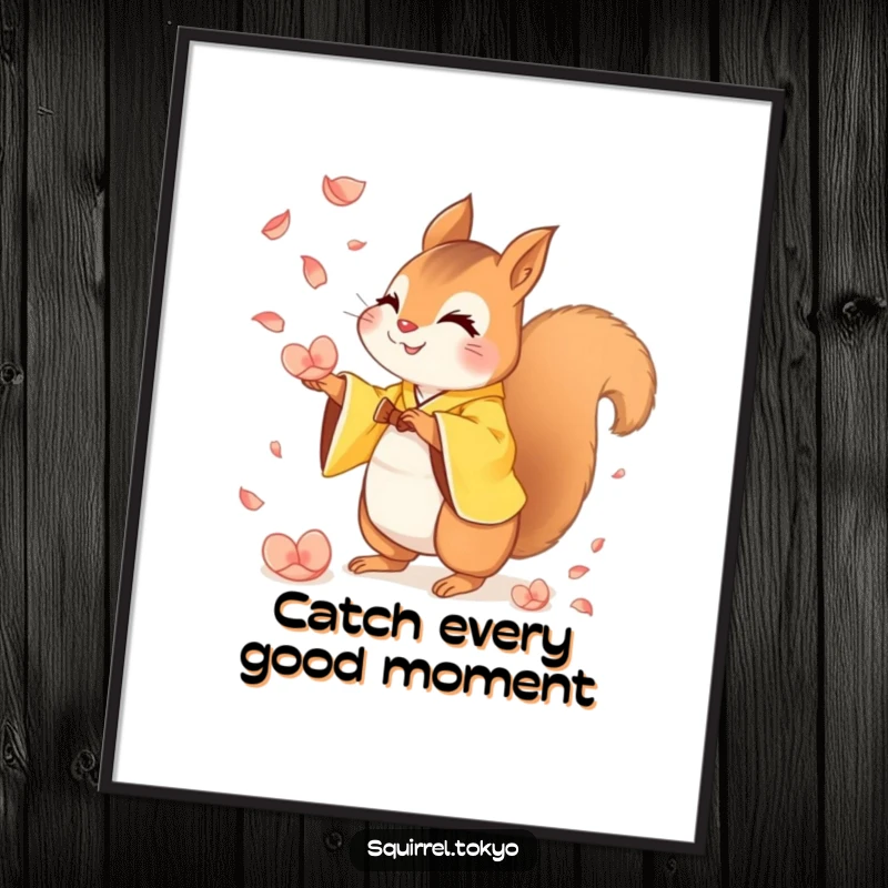 Funny Free Printable Wall Art: A mischievous squirrel in a yellow kimono catching falling petals, downloadable art.