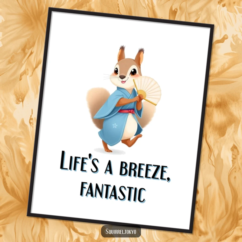 Funny Free Printable Squirrel Fan Wall Art: Playful squirrel in a blue kimono joyfully skips with a charming paper fan.