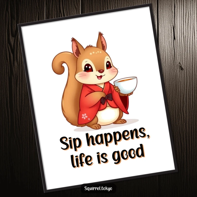 Funny Free Printable Squirrel Kimono Wall Art: Cute squirrel in a red kimono peacefully sips from a delicate teacup.