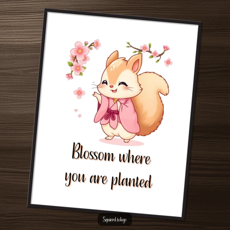 Funny Free Printable Wall Art: A fluffy squirrel in a pink kimono joyfully spinning with a cherry blossom, downloadable art.