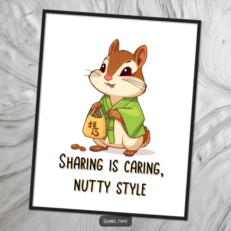 Funny Free Printable Wall Art: A curious chipmunk in a green silk kimono politely offers a small bag of nuts, embodying sweet generosity.