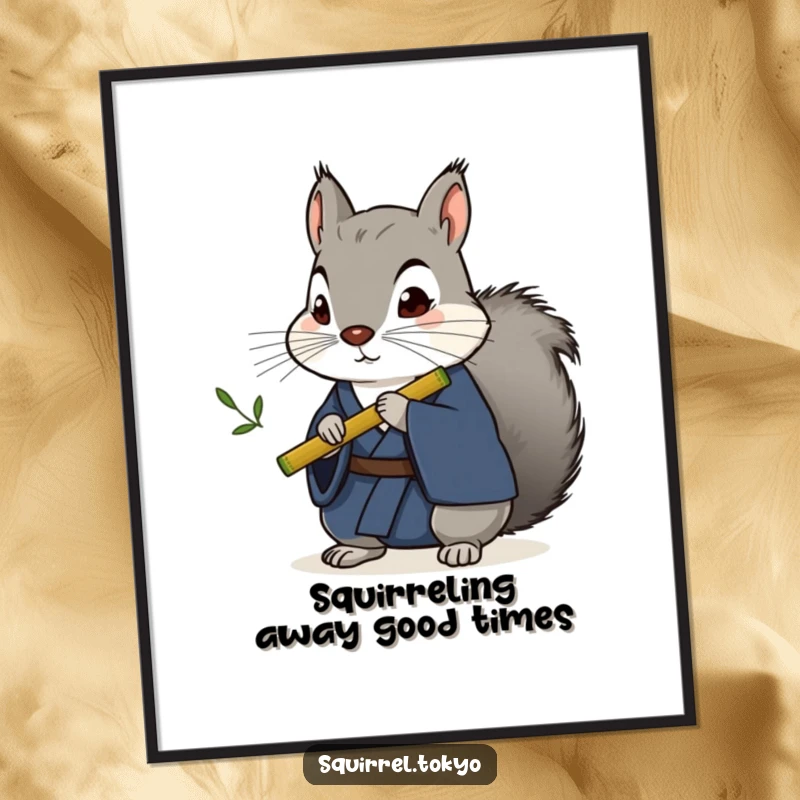 Funny Free Printable Wall Art: Stoic grey squirrel in a dark blue kimono, holding a tiny bamboo flute, offering a moment of zen.