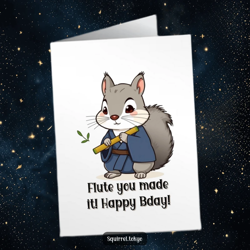 Funny Free Printable Birthday Card: Stoic squirrel in blue kimono playing bamboo flute, ready to celebrate your special day with humor.