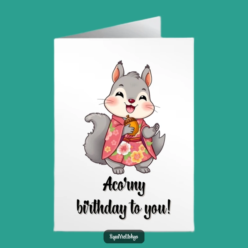 Free Printable Birthday Card: Squirrel in Kimono & Acorn for a Chic Celebration!