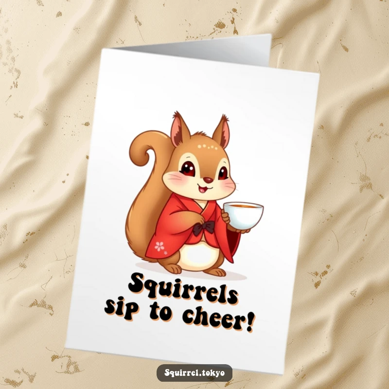 Funny Free Printable Squirrel Kimono Birthday Card: Cute squirrel in red kimono sips tea, wishing a happy birthday.