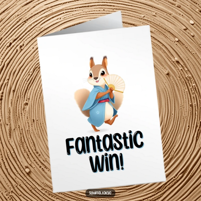 Funny Free Printable Squirrel Fan Congratulations Card: Playful squirrel in blue kimono with a paper fan signifies happy congratulations.