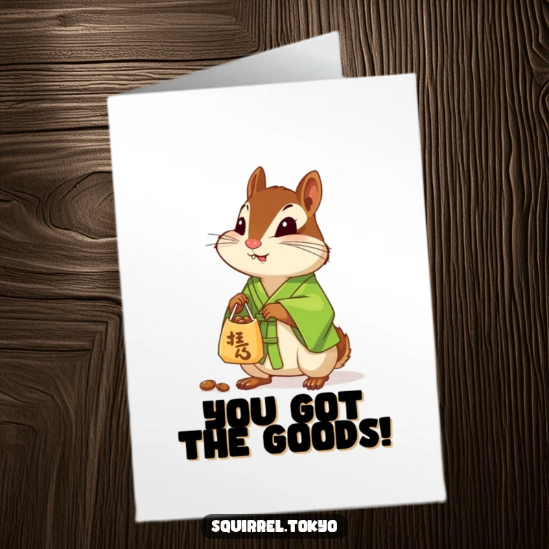 Free Printable Congratulations Card: A curious chipmunk in a silk kimono offers a small bag of nuts, celebrating your wonderful success.