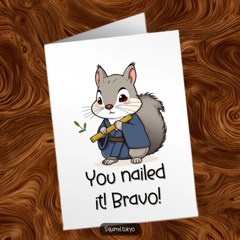 Funny Free Printable Congrats Card: Stoic grey squirrel in a dark blue kimono, playing a tiny bamboo flute to celebrate your success.