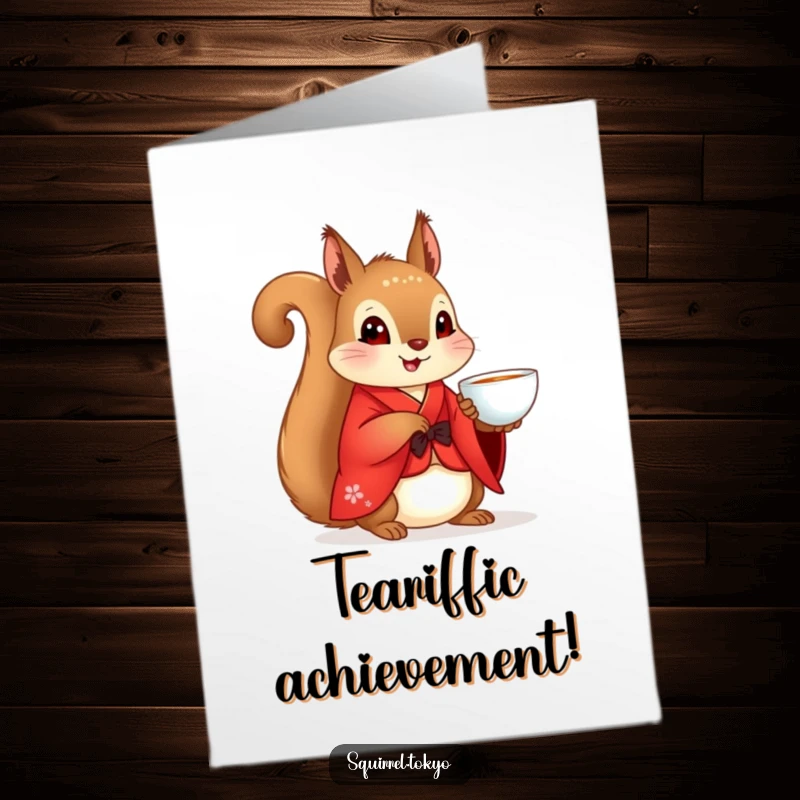 Funny Free Printable Squirrel Kimono Congratulations Card: Cute squirrel in red kimono holds a teacup, signifying refined celebration.