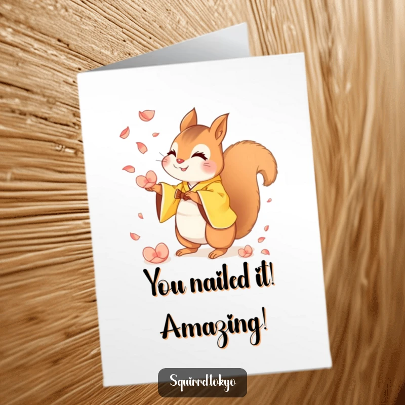 Funny Free Printable Congrats Card: Squirrel in yellow kimono catching falling petals, a celebratory, humorous print.