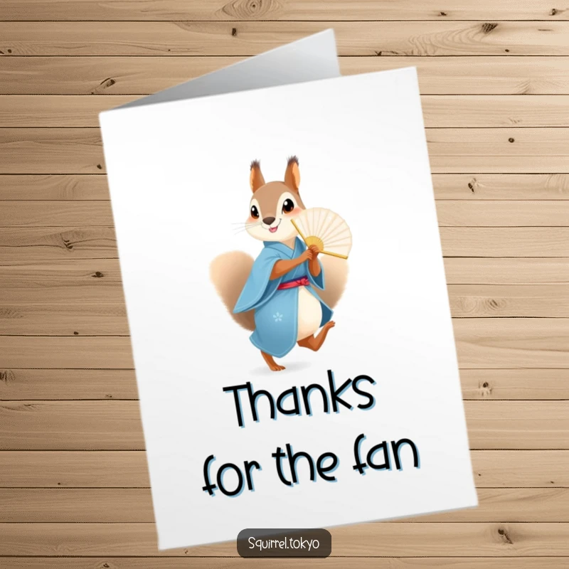 Funny Free Printable Squirrel Fan Thank You Card: Playful squirrel in blue kimono skips with a paper fan, showing thanks.