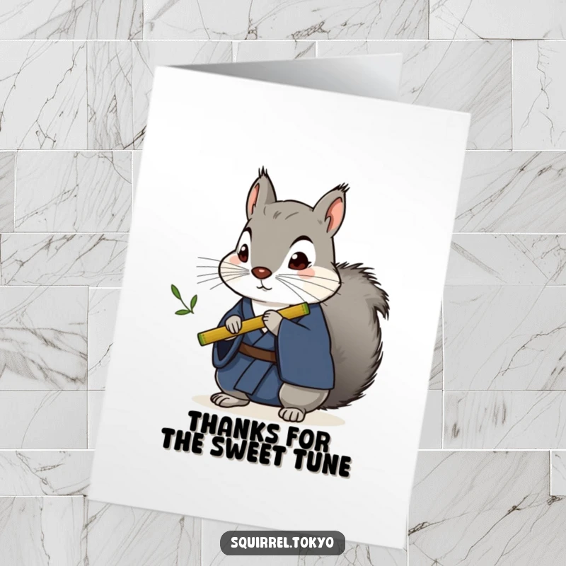 Funny Free Printable Thank You Card: Grey squirrel in blue kimono plays bamboo flute, offering a musical thank you with dry humor.