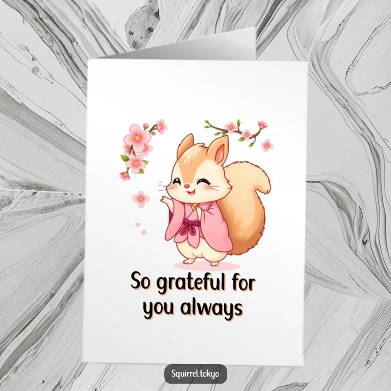 Funny Free Printable Thank You Card: Fluffy squirrel in pink kimono spinning with a cherry blossom, a humorous print.