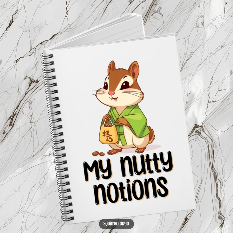Funny notebook with a cover illustration of a curious chipmunk in a green silk kimono, offering a small bag of nuts, for journaling kindness.