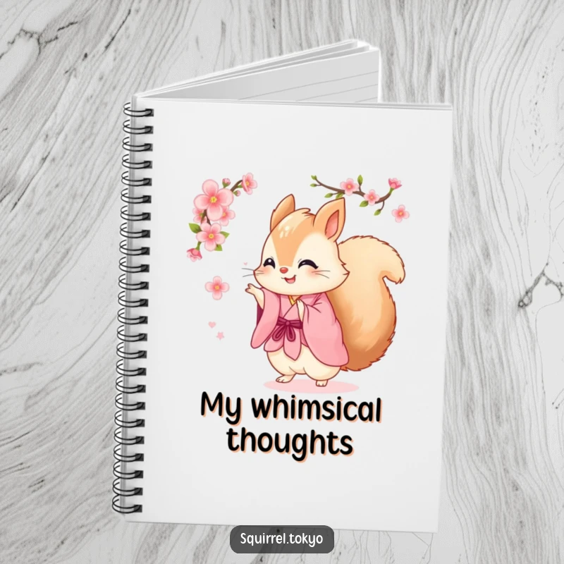 Funny notebook featuring a fluffy squirrel in a pink kimono joyfully spinning with a cherry blossom, perfect for cheerful journaling.