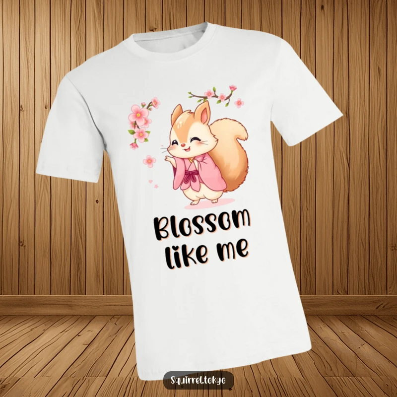 Funny t-shirt design of a fluffy squirrel in a pink kimono joyfully spinning with a cherry blossom, capturing lively and cheerful humor.