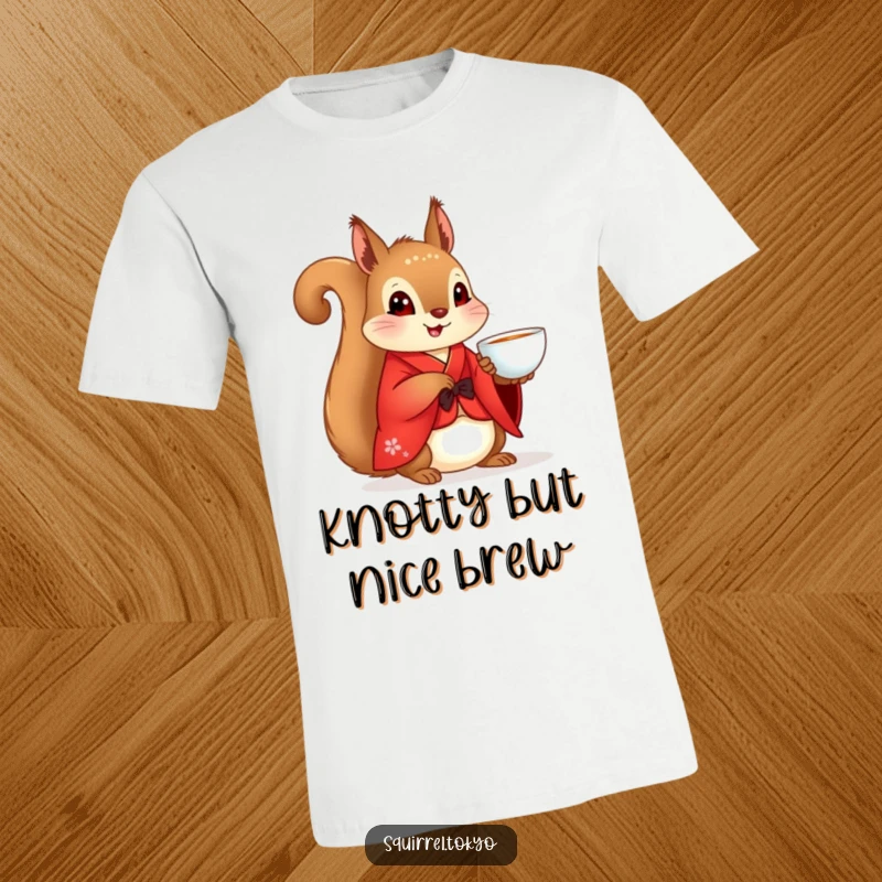 Funny Squirrel Kimono T-Shirt: A cute squirrel in a red kimono holds a teacup, promoting peace and relaxation, a wonderful funny gift.