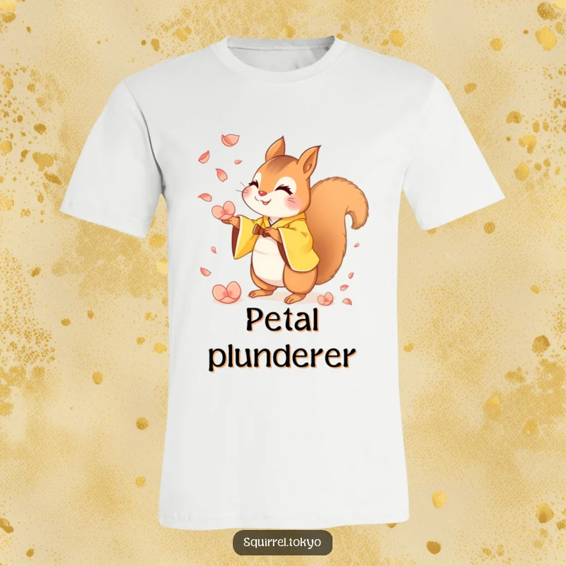 Funny t-shirt design of a mischievous squirrel in a yellow kimono playfully catching falling petals, capturing impish humor and playful action.