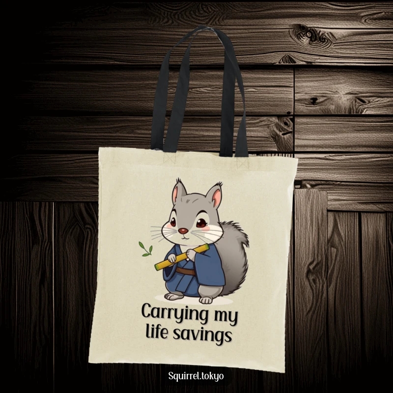 Funny stoic grey squirrel in a dark blue kimono holding a bamboo flute, printed on a durable tote bag, showcasing artistic humor.