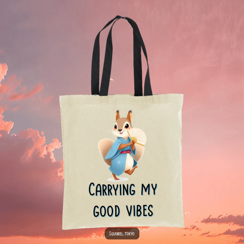 Funny Squirrel Fan Tote Bag: A squirrel in a blue kimono with a fan, ideal for carrying fun and essentials, a funny gift.