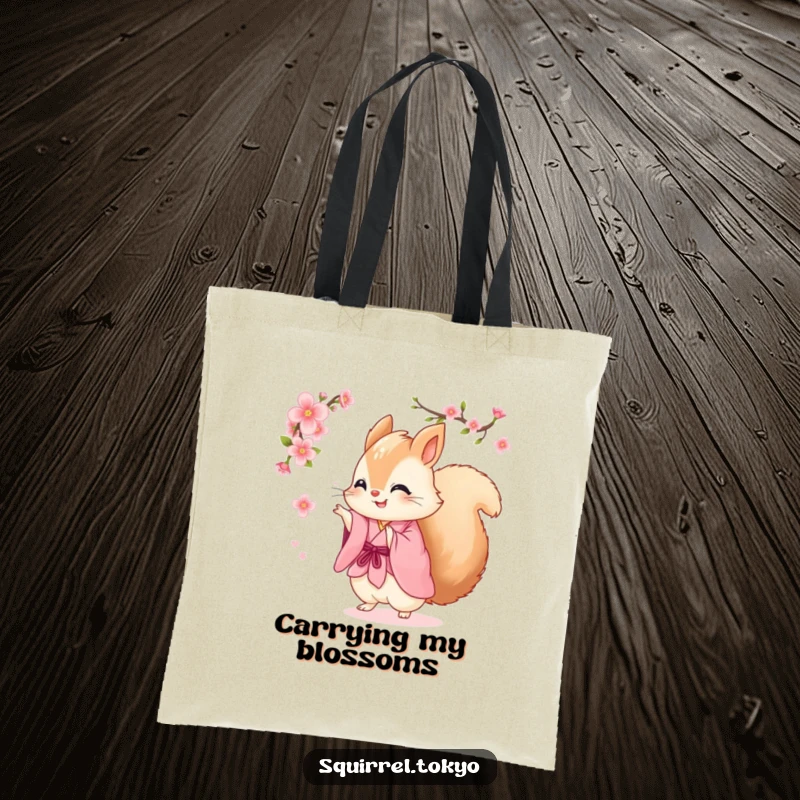 Funny tote bag with a fluffy squirrel in a pink kimono joyfully spinning around a cherry blossom, a humorous and practical accessory.