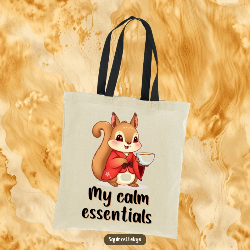 Funny Squirrel Kimono Tote Bag: A squirrel in a red kimono with a teacup, ideal for carrying calm and essentials, a funny gift.